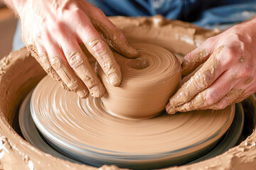 Male adult crafting clay pot on a spinning wheel with skilled hands