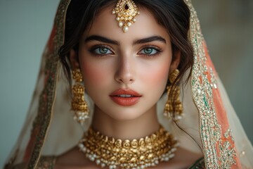 Portrait of a stunning Indian woman in traditional attire, wearing a golden kundan jewelry set including earrings, tikka, and bracelet, paired with a lehenga choli or saree.
