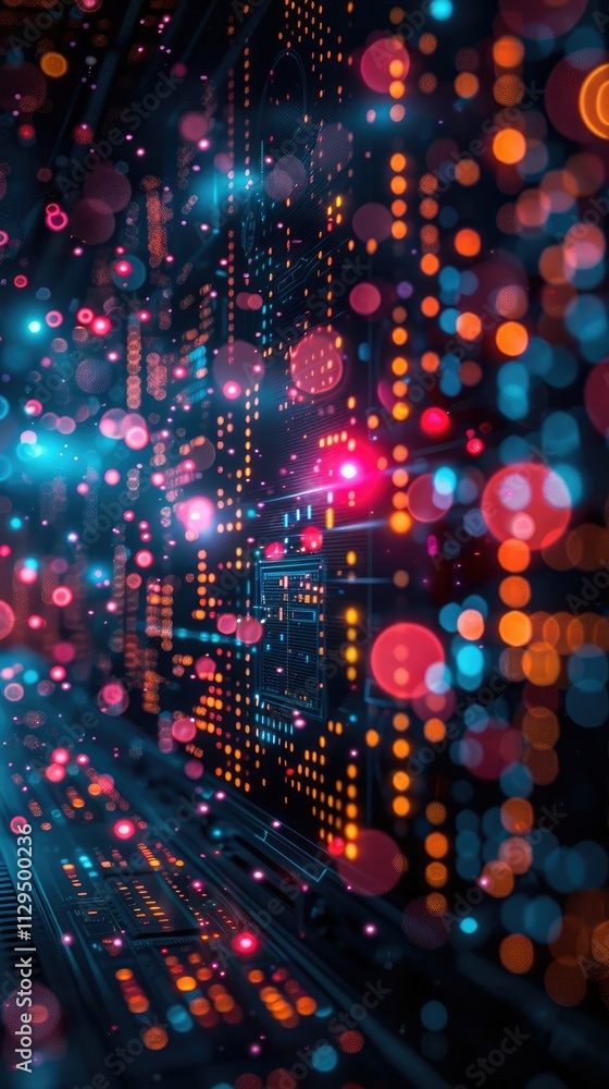 Poster abstract digital data stream with glowing lights and bokeh effects.