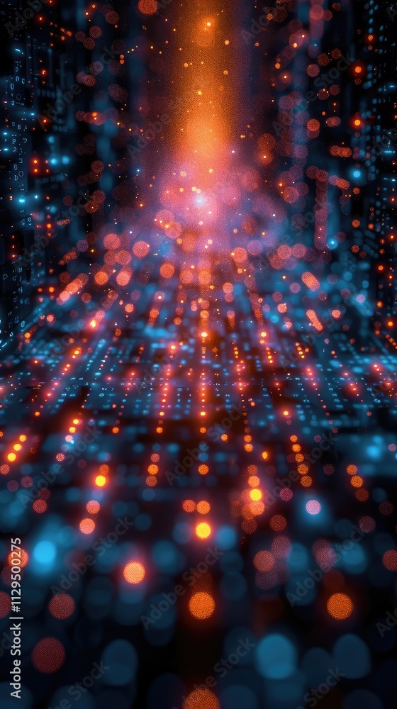 Poster abstract digital data stream with glowing particles and bokeh effect.