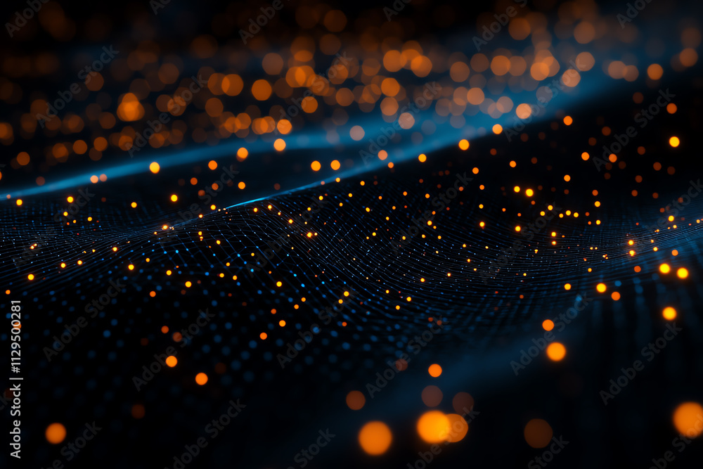 Poster abstract glowing particles on dark background creating a sense of depth and motion.