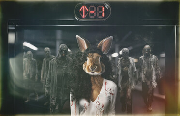 On the lower level, a rabbit with black curly hair stands before an elevator, visibly distressed in a blood-stained white shirt, as zombies gather in the dark garage behind him.