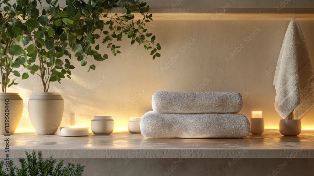 Poster Soft light enhances a tranquil atmosphere filled with inviting scents. Fresh towels are neatly stacked on a natural stone surface surrounded by candles and greenery, creating a peaceful retreat.