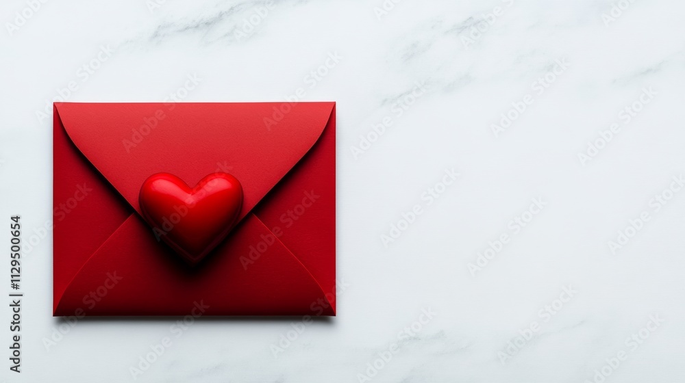 Poster red envelope with a heart on it sits on a white background. the heart is placed in the center of the