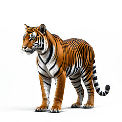 Obraz premium Tiger isolated on a white background, Side view, tiger standing full HD image generated by Ai. full body, realistic, full detail looking at the camera, 