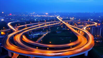 Time-lapse of a busy highway interchange at night. Light trails illuminate the complex network of roads and ramps, creating a dynamic urban scene.. AI Generation