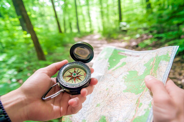 Navigating a forest trail with compass and map in hand on a sunny day