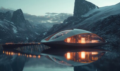 A futuristic building sits serenely by a lake, surrounded by mountains, reflecting warm lights against a cool, tranquil backdrop.