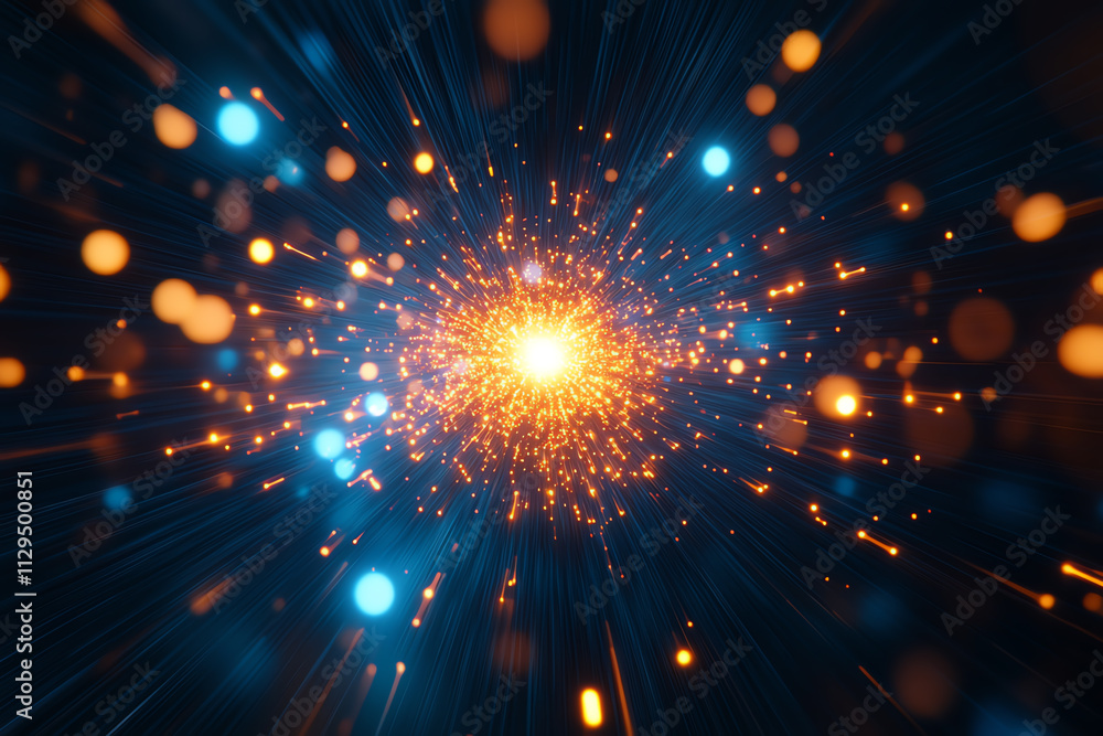 Poster vibrant abstract representation of energy explosion with colorful light particles.