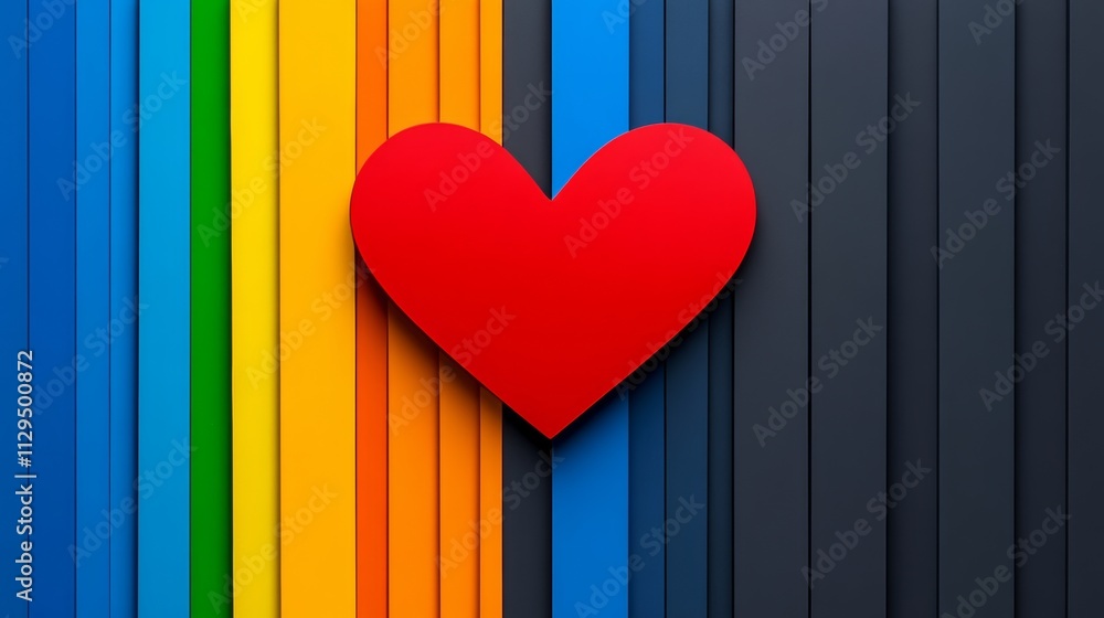 Poster heart is placed on a colorful background with a rainbow of colors. the heart is red and is surrounde