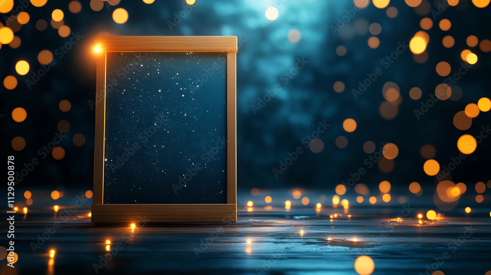 Aufkleber a golden frame on a shimmering surface with glowing bokeh lights in the background.