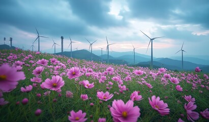 AI generated image of wind turbine generating electricity Located near the mountains and near a water source