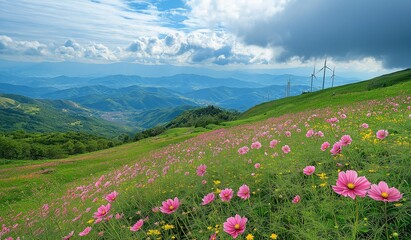 Obraz premium AI generated image of wind turbine generating electricity Located near the mountains and near a water source