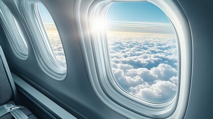 Fototapeta premium Airplane window view of cloudscape. Sunlight shines through the window.