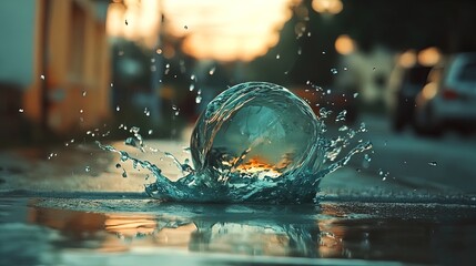 Vibrant Cyberpunk Poster: A Striking Glowing Green Orb with Dark Blue Liquid Splashing on Metallic Surface &ndash; Perfect for Futuristic Sports Interiors