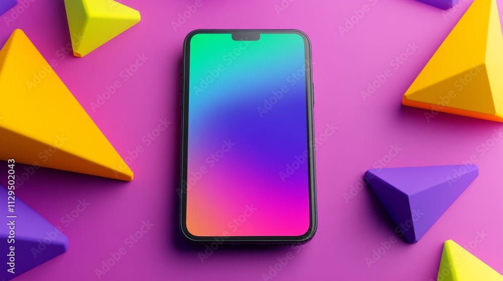Poster phone is displayed on a colorful background with a rainbow of shapes. the phone is turned off and th