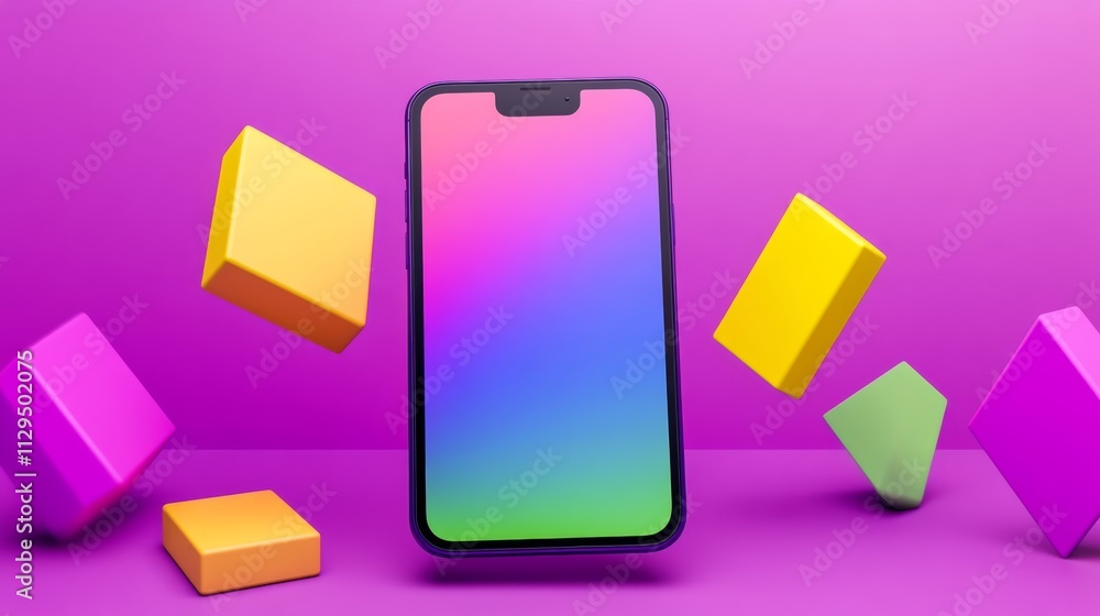 Poster Phone is shown in the air with colorful blocks surrounding it. The blocks are in various shapes and sizes, and the phone is the only object in focus. Concept of playfulness and creativity