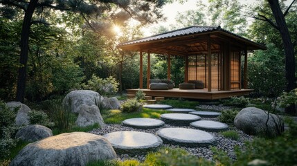 Serene Japanese garden pavilion at sunset.