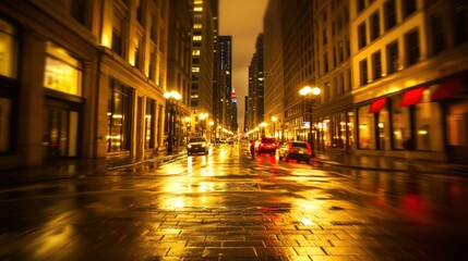 A rainy urban street at night, illuminated by city lights and reflections.