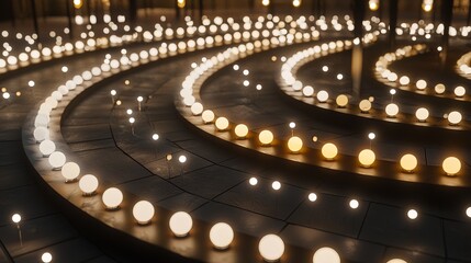 Obraz premium Enchanting spiral pathway illuminated by soft, glowing lights in warm tones, creating a mesmerizing ambiance.