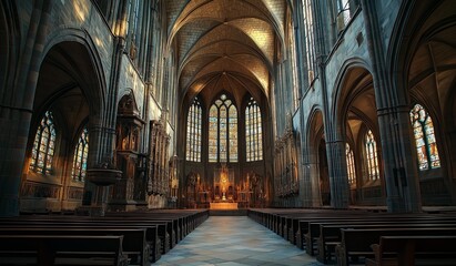 Obraz premium AI generator image of European interior in imperial dark gold background,black gold color style,classical scene grand Baroque church interior