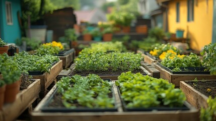 Vibrant Community Garden with Lush Green Plants and Colorful Flower Beds in Wooden Raised Garden Boxes, Showcasing Urban Gardening for Sustainable Living