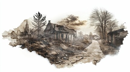 Ruined buildings, desolate road, sepia-toned landscape.