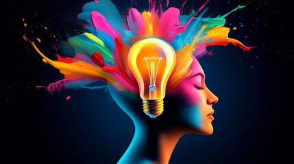 Woman's head is lit up like a light bulb. The image is colorful and vibrant, giving off a feeling of creativity and inspiration