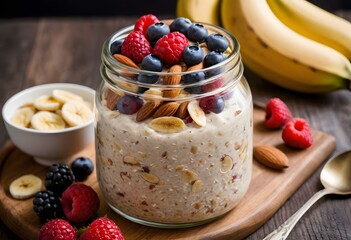 A clear glass jar filled with overnight oats, topped with fresh berries, banana slices, and almonds for a healthy breakfast, ai.
