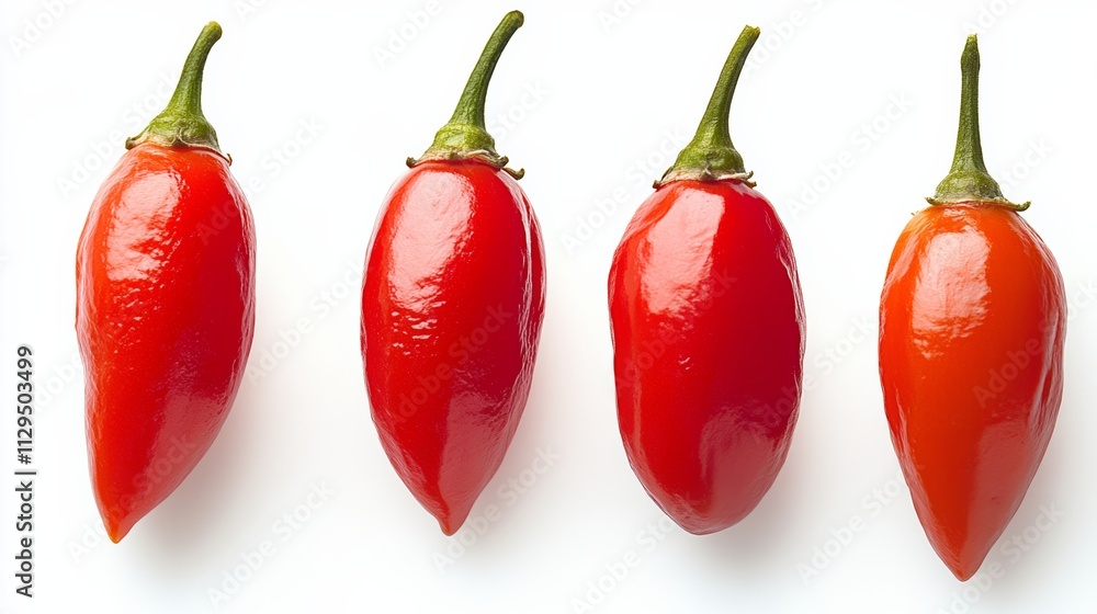 Poster four red peppers are shown in a row, with their stems pointing up. the peppers are all different siz