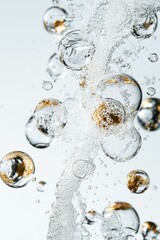 Liquid, bubbles, gold flecks, flowing, abstract.