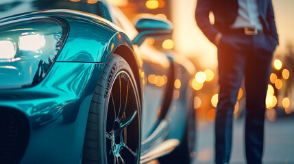 Man is standing next to a shiny blue sports car. The car is parked on a street with lights shining...