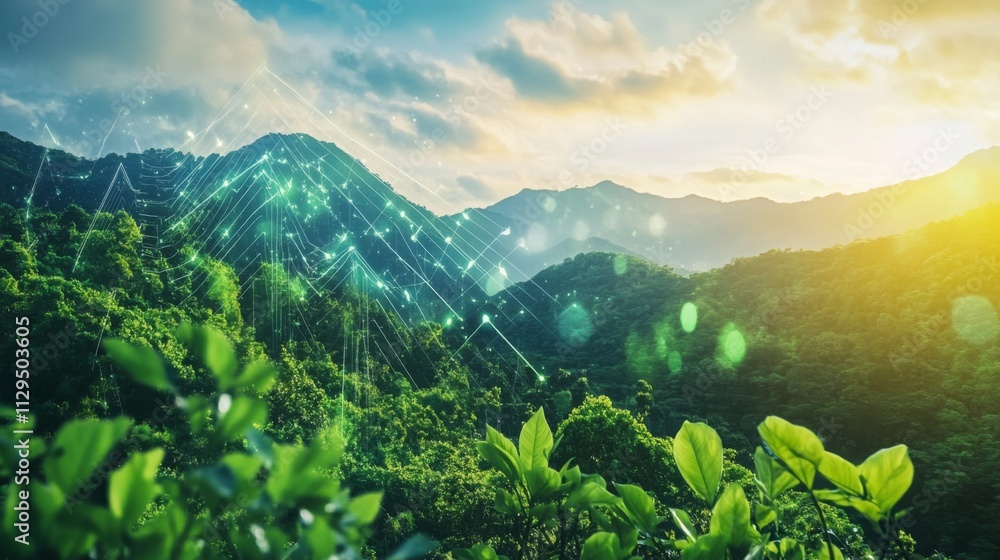 Poster a serene view of green mountains at sunrise is enhanced by digital elements symbolizing artificial i