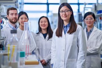 Asian and caucasian young scientists working in a laboratory setting