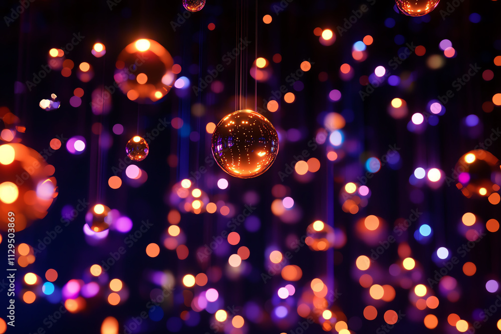 Poster vibrant display of colorful lights and reflective spheres creating a magical atmosphere.