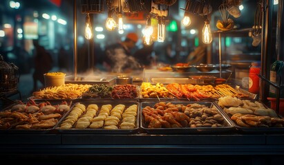AI generated image of street food fruit and vegetable market,Vibrant outdoor farmers market brimming with fresh,street food, organic vegetables and fruits
