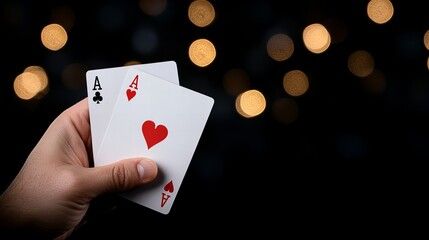 Obraz premium A male hand holding two aces, a black ace of spades and a red ace of hearts, against a blurred bokeh background.