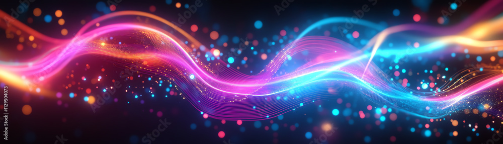 Poster Vibrant abstract background with colorful waves and sparkling lights in a dark setting.