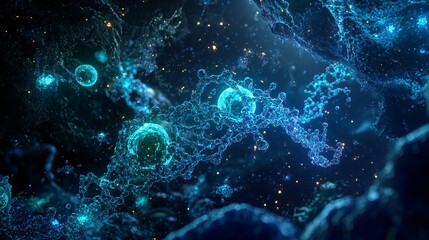 Obraz premium Abstract Blue Nebula Cosmic Particles and Glowing Spheres