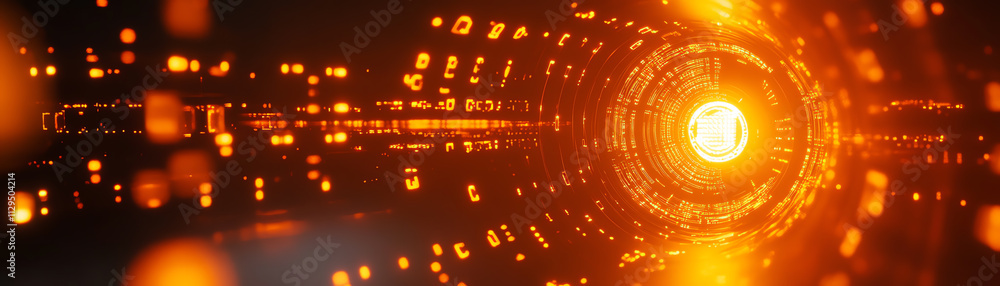 Poster abstract digital design with vibrant orange light and dynamic flowing lines.