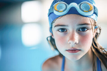 Focused young caucasian female swimmer wearing blue goggles in indoor pool