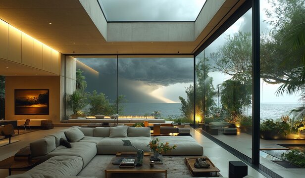 AI-generated images of Sofa, white marble background, European-style sofa with gold and silver embellishments, cozy, in a room with luxurious walls , mirror room Overlooking storm, scary tornado