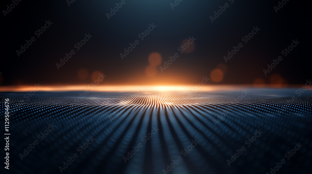 Poster an abstract view of a textured surface illuminated by a glowing horizon.