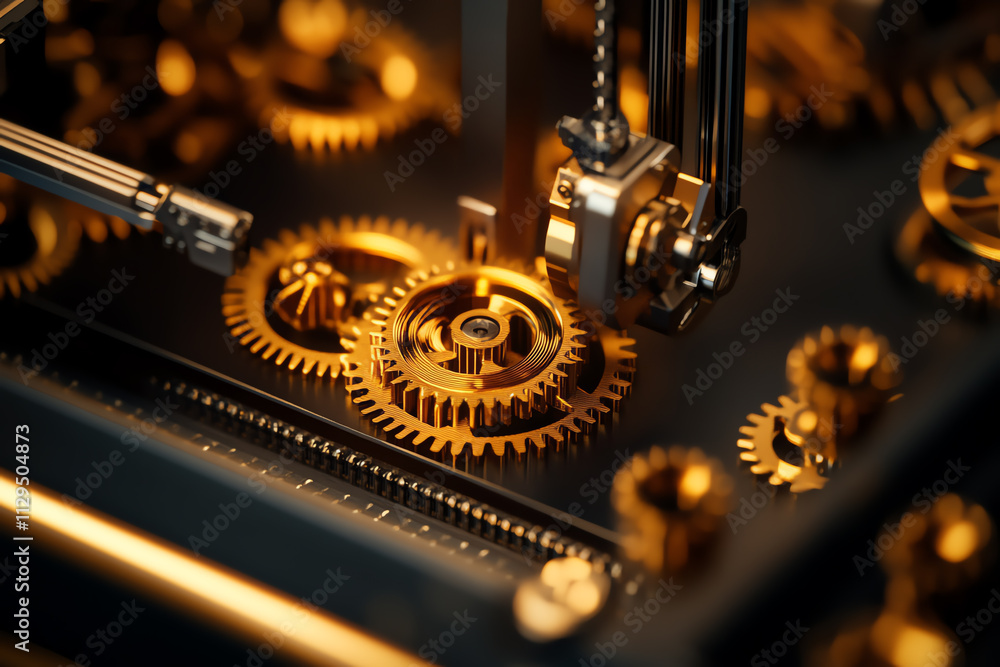 Poster intricate golden gears in a mechanical assembly, showcasing precision engineering.