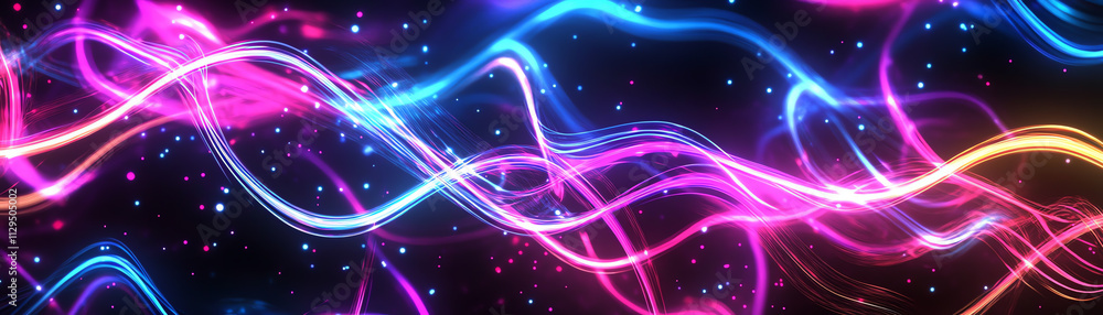 Poster abstract colorful waves of light flowing across a dark background, creating a vibrant atmosphere.