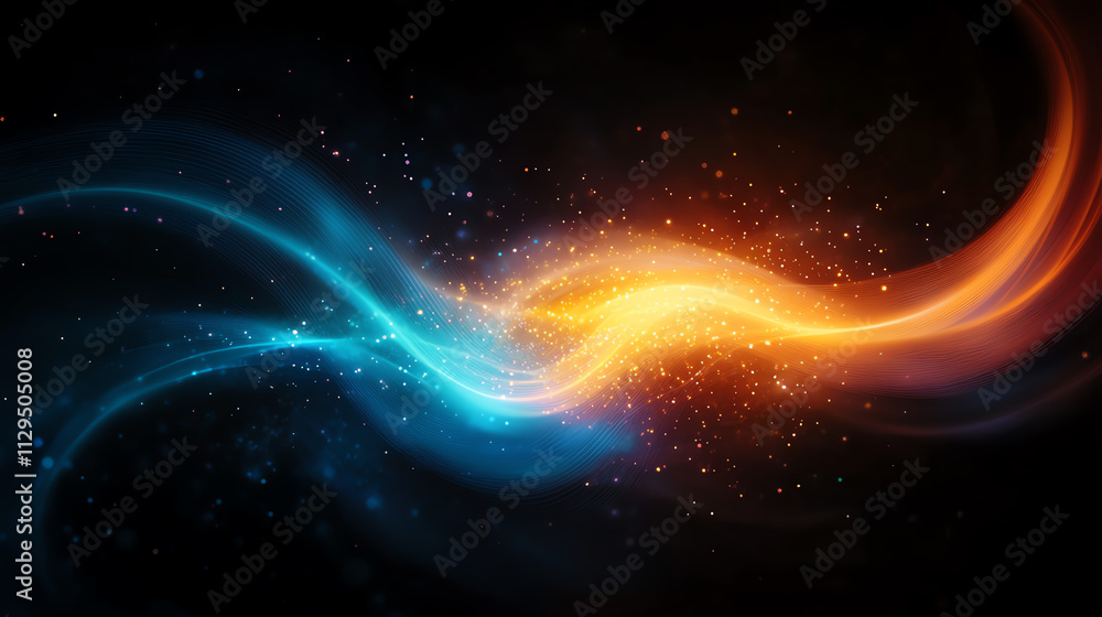 Poster abstract waves of blue and orange light create a captivating visual effect on a dark background.