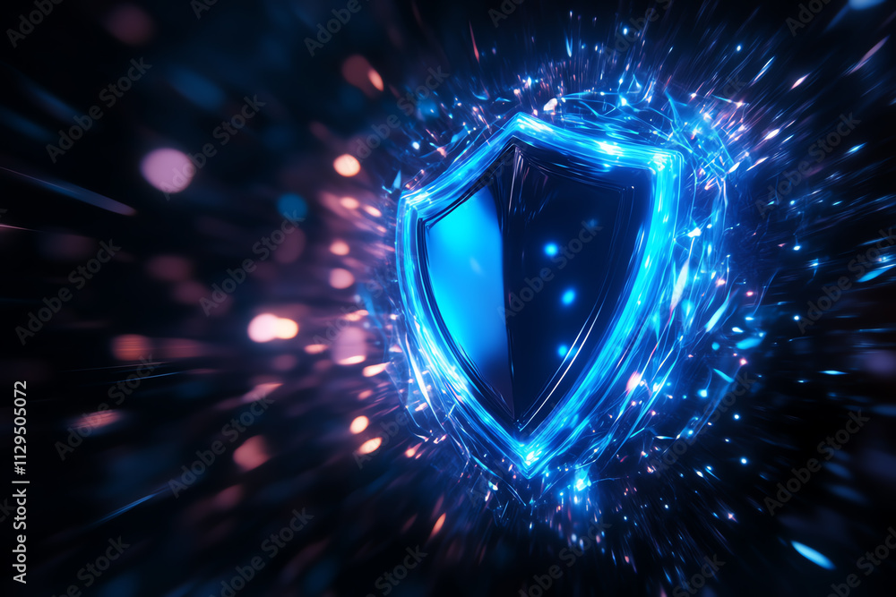 Poster digital shield symbolizing cybersecurity and data protection in futuristic design.