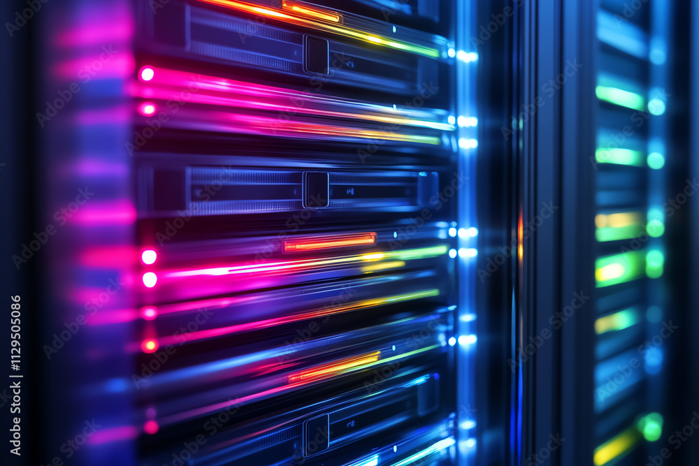 Aufkleber close-up of illuminated server panels showcasing vibrant led lights in a data center.