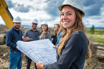 Smiling female architect leading diverse construction team outdoors with blueprint