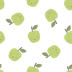 Seamless pattern with cute apple fruits on a white background. Vector illustration for printing. Cute children's background. Food and drinks